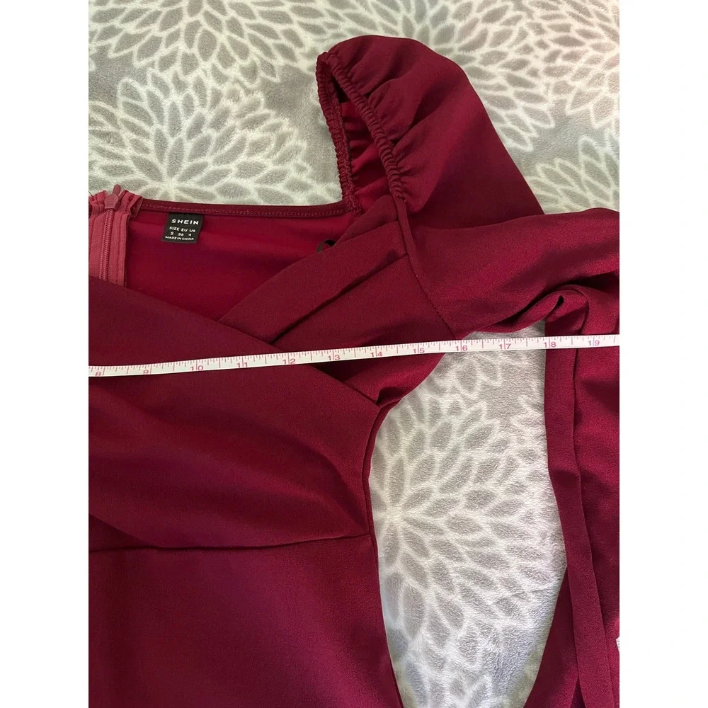 Long Sleeve Puff Shoulder Blouse Small Sweetheart Neck Vamp Wine Red Romantic - Picture 6 of 8